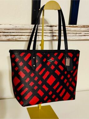 Coach Wild Plaid Tote top zip Red/Black 12x8x4” (F22246) - EUC